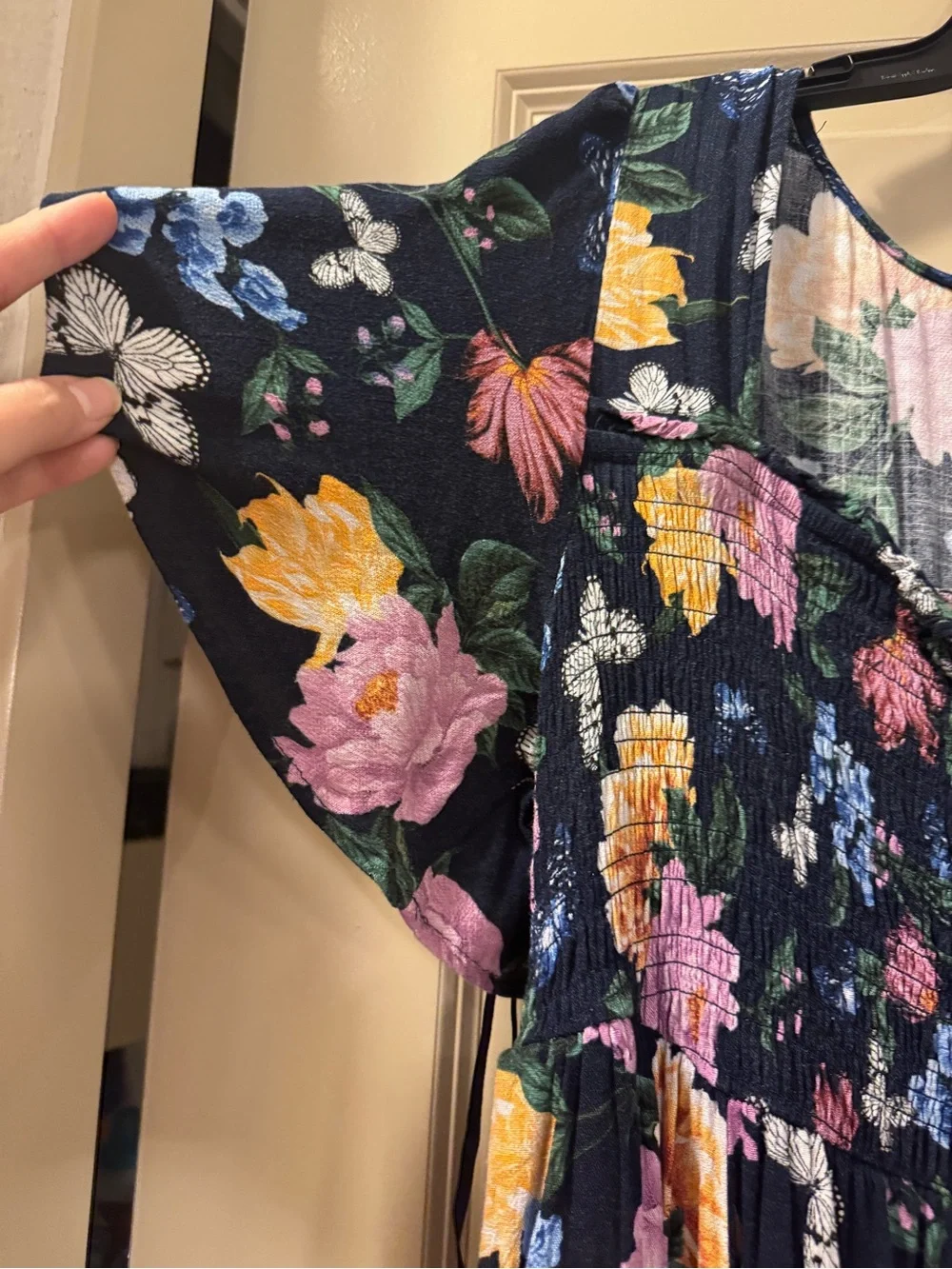 torrid Navy Floral Smocked Midi Dress with Pink, Yellow & Blue Blooms - Picture 2 of 6